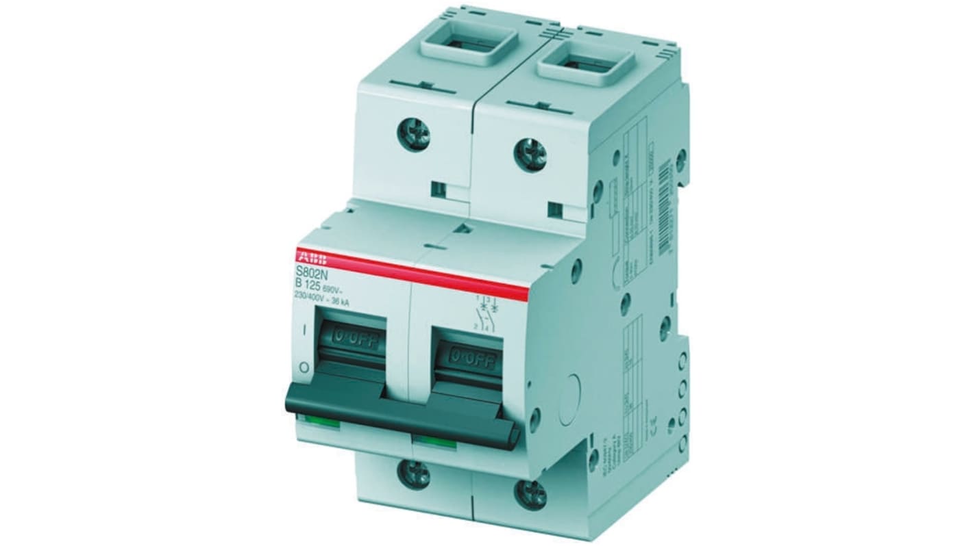 Interruttore magnetotermico ABB S802N-C63, bipolare, 63A, montaggio su guida DIN, larghezza 53 mm, conforme a EN 60898-1.