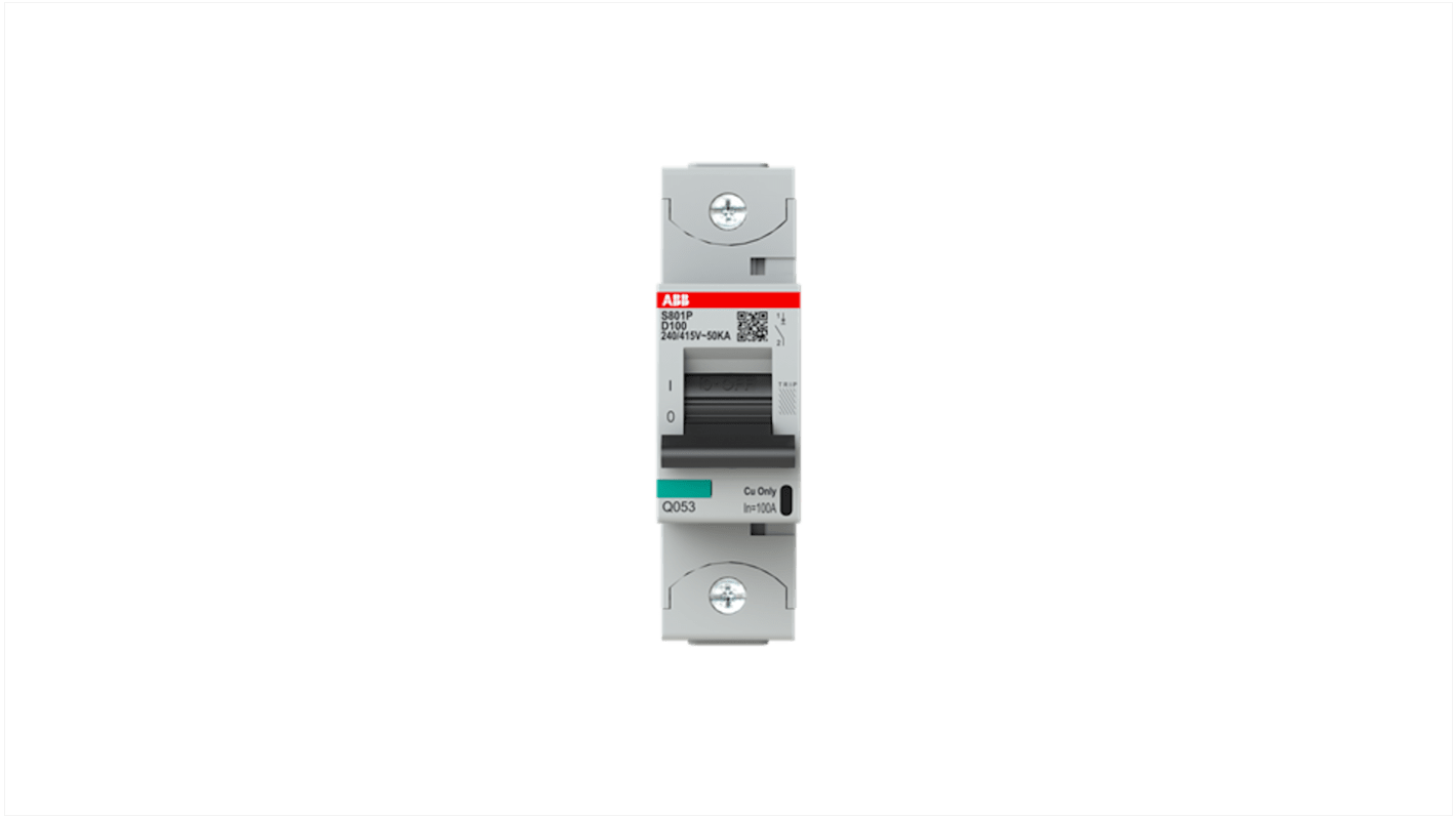Interruttore magnetotermico ABB 1P 100A, Tipo D, montaggio su guida DIN, dimensioni 27x95x88.5 mm, per circuiti ad alta capacità.