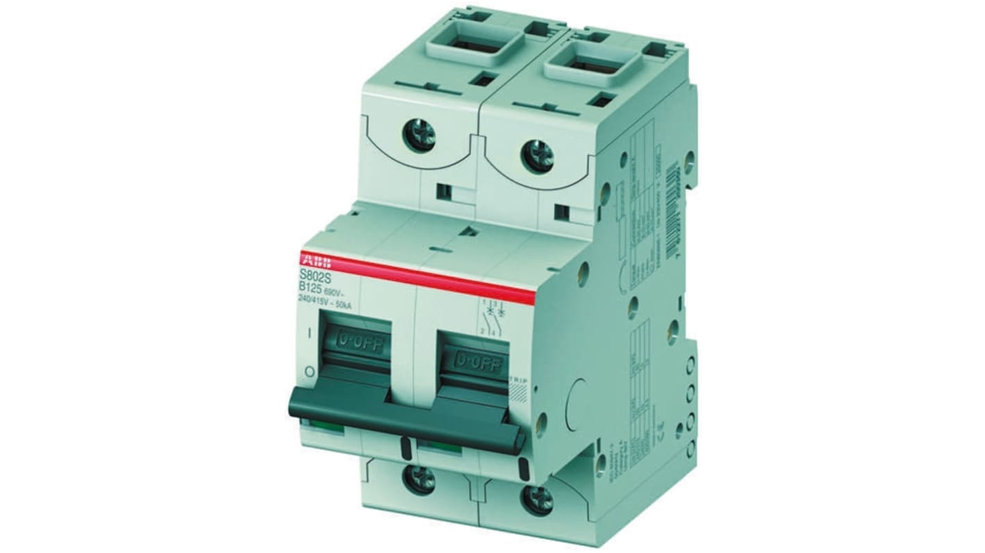 Interruttore magnetotermico ABB S802S-C63, bipolare, 63A, montaggio su guida DIN, larghezza 53 mm, conforme a EN 60898-1.