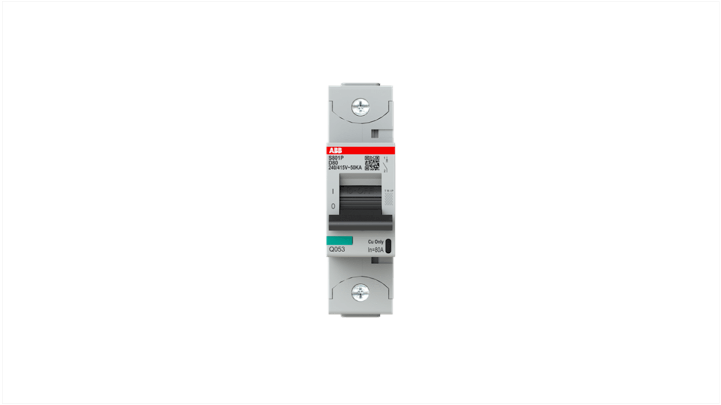 Interruttore magnetotermico ABB 1P Tipo D, 80A, 36 kA, montaggio su guida DIN, dimensioni 27x95x88.5 mm, tensione 400-690 V.