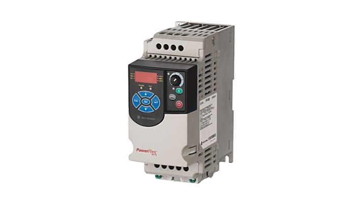 Allen Bradley 22F-A4P2N113, inverter monofase 400Hz, potenza 0,75 W, montaggio a pannello, dimensioni 174x72x136 mm.