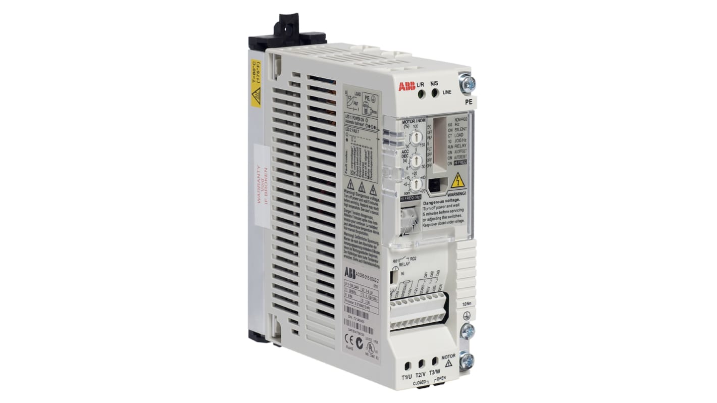 Inverter ABB ACS55-01E-01A4-2, unità a velocità variabile 0,18 kW, montaggio su guida DIN, dimensioni 170x45x128 mm.