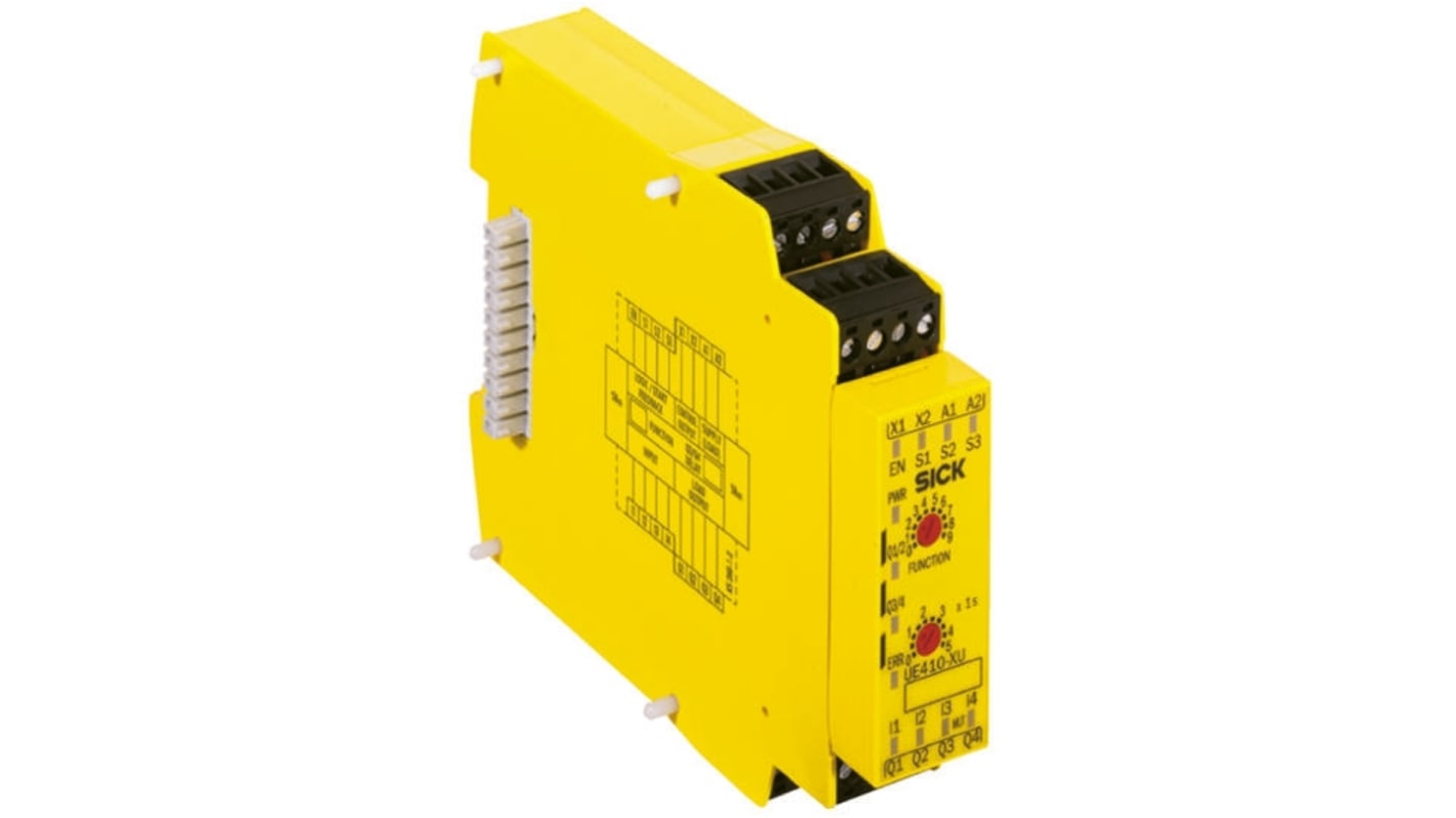 Modulo I/O Sick UE410-XU3T5, 24 V c.c., 4 ingressi di sicurezza, 4 uscite, dimensioni 96,5 x 22,5 x 120,8 mm.