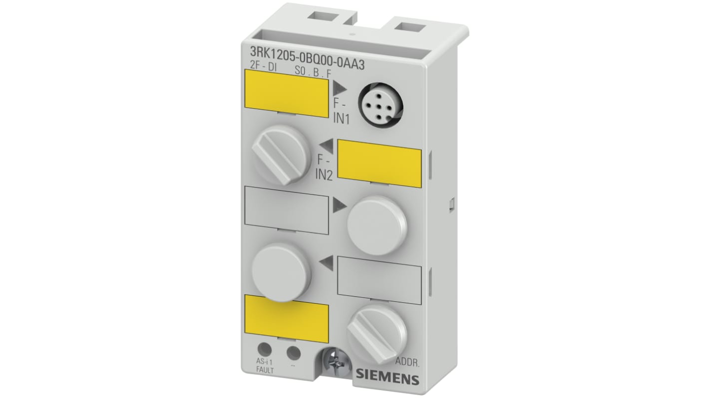 Modulo I/O digitale Siemens 3RK1205-0BQ00-0AA3, compatto, IP67, due ingressi di sicurezza, dimensioni 80x45x35 mm.