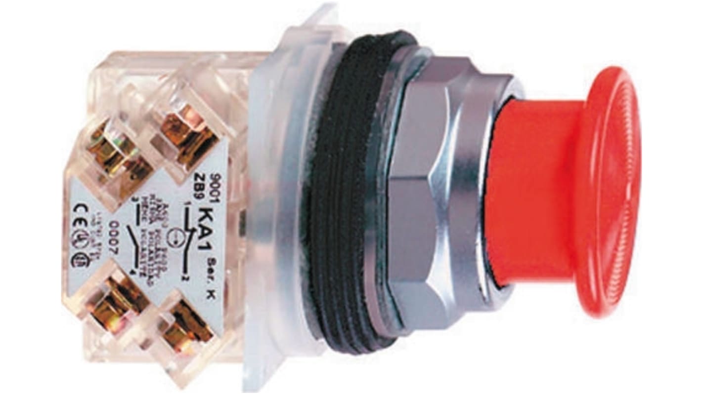 Pulsante rotondo rosso Schneider Electric 9001KR24RH13, 1CO, IP66, per arresti di emergenza, temperatura -25/+70 °C.