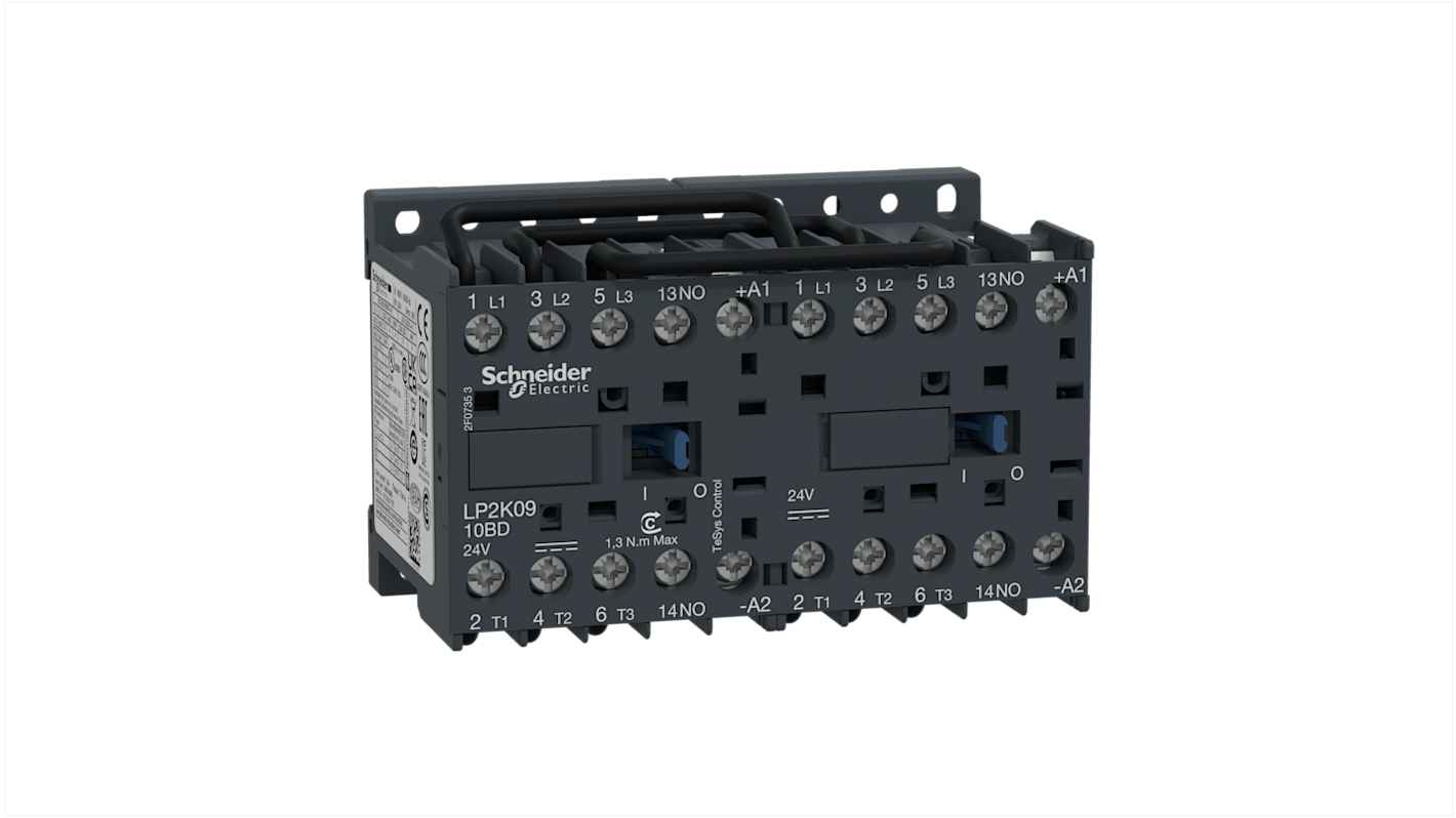 Contattore Reversibile Miniaturizzato Schneider Electric LP2K0910BD 3 Poli 9A 4kW 24V DC - Ideale per motori induttivi, alta affidabilità.