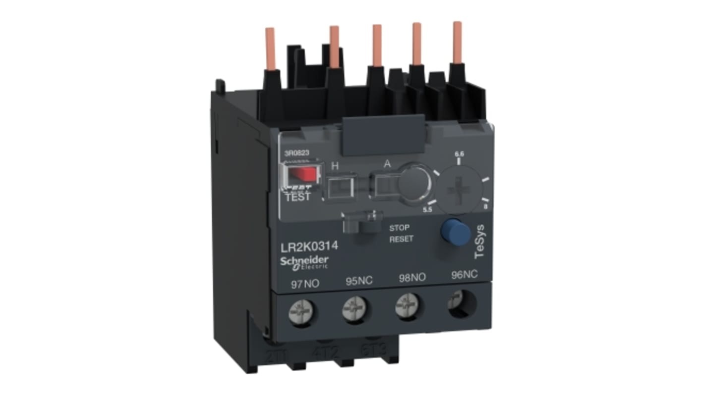 Relè di sovraccarico termico miniaturizzato Schneider Electric LR2K0314, regolabile da 5,5 A a 8 A per protezione motori.