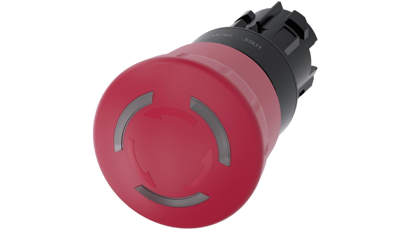 Pulsante di arresto di emergenza Siemens 3SU1001-1HB20-0AA0, montaggio a pannello, diametro foro 22 mm, illuminato, design robusto.