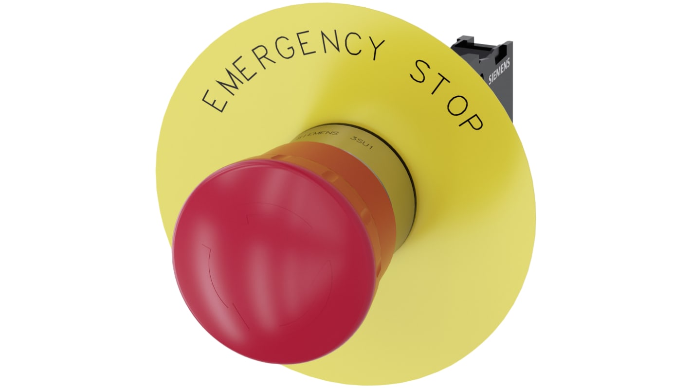 Pulsante di arresto di emergenza Siemens 3SU1150-1HB20-1CG0, montaggio a pannello, diametro 22 mm, colore rosso, grado di protezione IP69K.