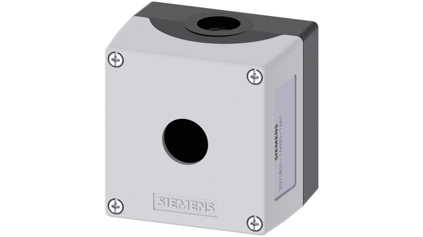 Scatola per pulsante Siemens SIRIUS ACT, IP66/IP67/IP69K, 85x85x64 mm, montaggio verticale/orizzontale, colore grigio.