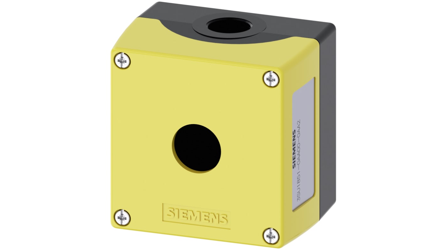 Scatola per pulsante Siemens, IP66/IP67/IP69, metallo giallo, 1 foro da 22mm, dimensioni 85x64x89.4mm, montaggio versatile.