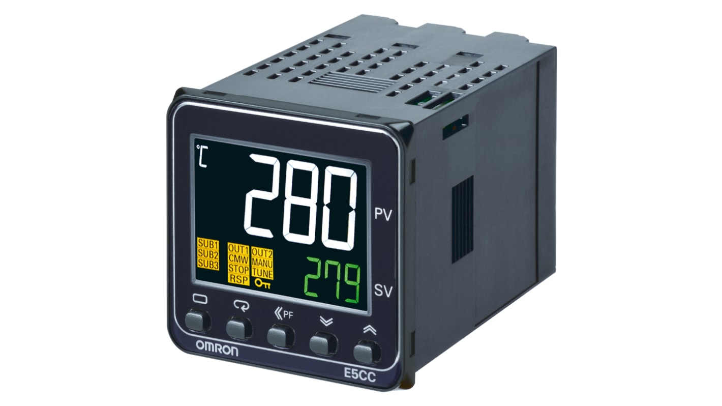 Regolatore di temperatura digitale Omron E5CC-RX2DBM-000, 48x48 mm, montaggio a pannello, controllo PID, uscita relè.