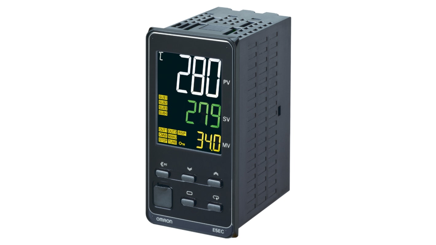 Omron E5EC-RX2ABM-000, termoregolatore PID 48x96 mm, alimentazione 100-240 V, gamma -199,9 a +2300 °C, montaggio a pannello.