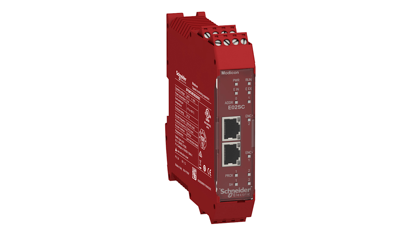 Modulo di monitoraggio Schneider Electric XPSMCMEN0200SC, design compatto 22,5 x 99 x 114,5 mm, montaggio su guida DIN.