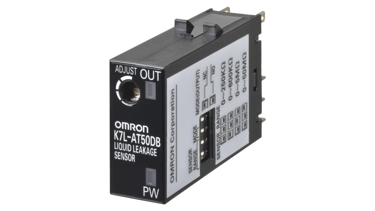 Omron K7L-AT50B, controller per rilevamento perdite, montaggio su guida DIN, alimentazione 12-24 V c.c., dimensioni 12.8mm x 46mm x 28.8mm.