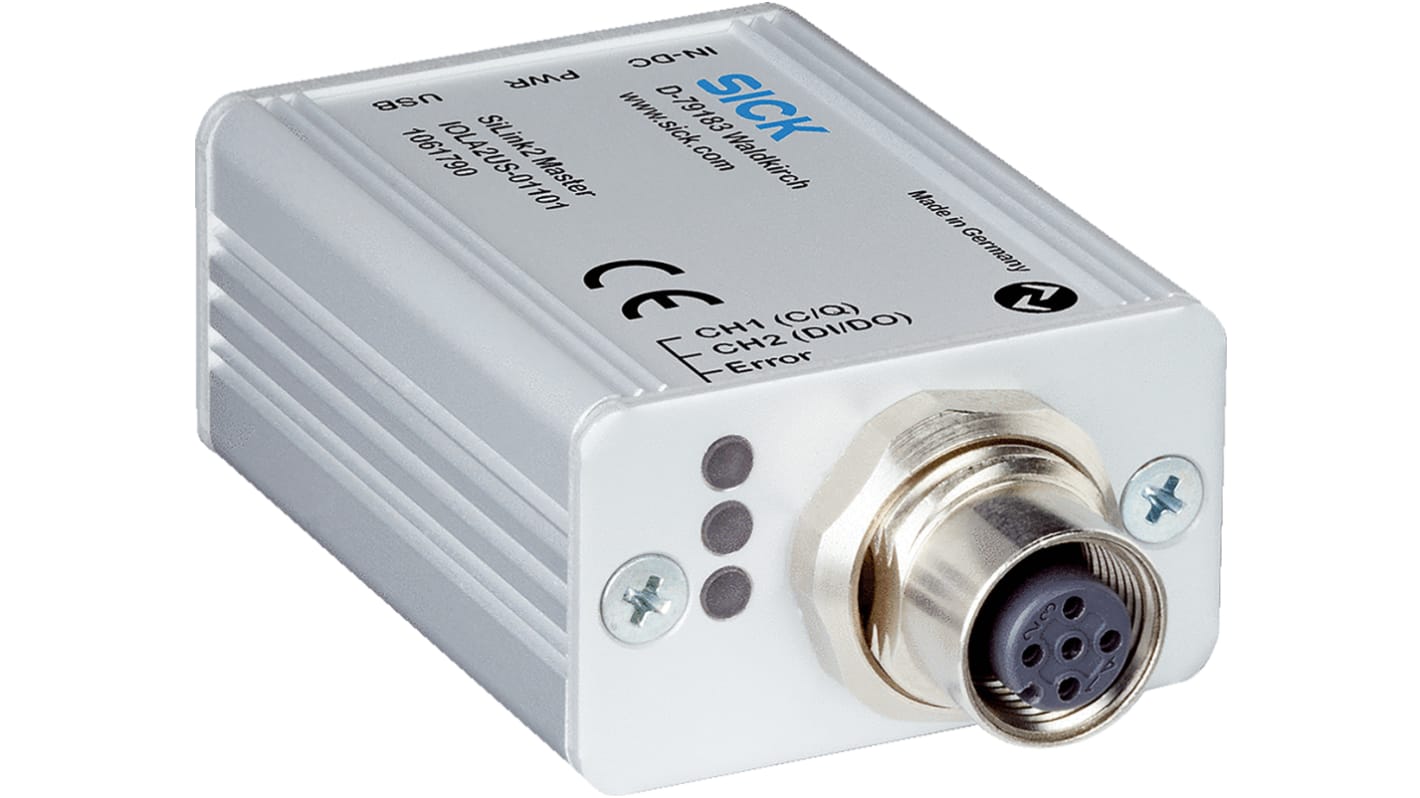 Scatola sensore Sick IOLA2US-01101 (SiLink2 Master) con 2 porte M12, alimentazione USB a 24 V, compatibile con dispositivi IO-Link.