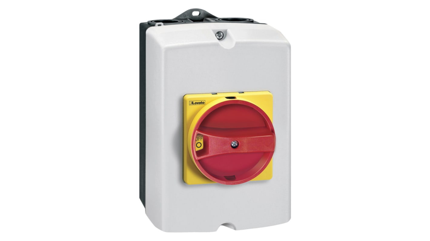 Interruttore di isolamento Lovato GAZ025, 3 poli, 25A, IP65, montaggio su guida DIN, dimensioni 100mm x 120mm x 167.7mm.