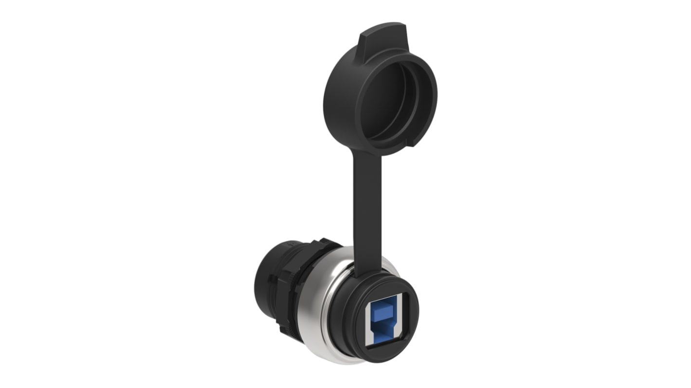 Attuatore pulsante Lovato LPCD05, montaggio 22 mm, con porte USB e RJ45 per comunicazione bidirezionale in ambienti industriali.