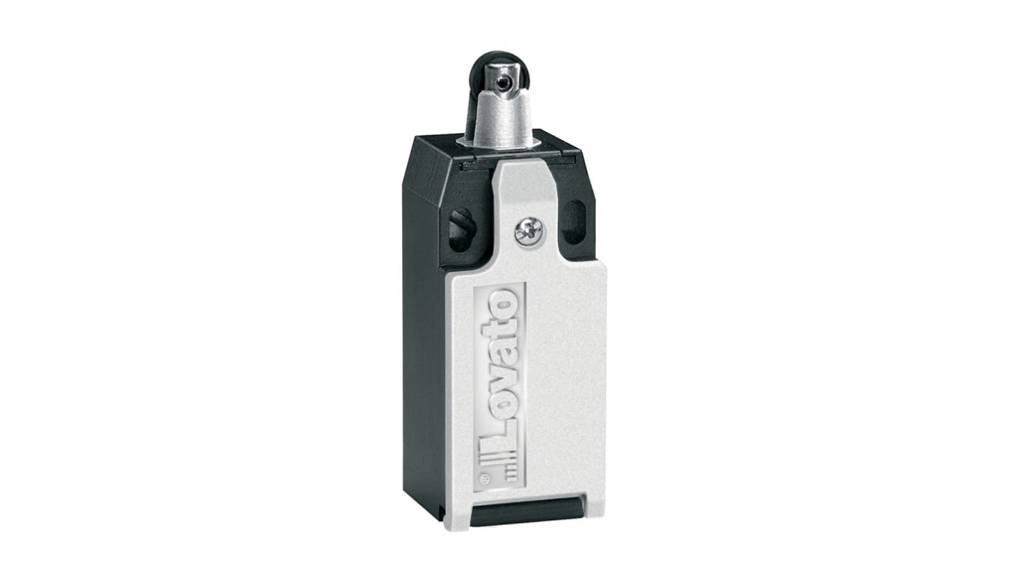 Interruttore di fine corsa Lovato KBB2S11, tasto a rotella NO/NC, grado di protezione IP65, dimensioni 30mm x 85mm x 30mm.