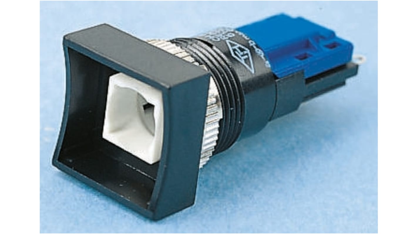 Interruttore a pulsante a ritenuta SPDT Saia-Burgess TH511108601, montaggio in foro Ø 16,2 mm, tensione 250V, protezione IP40.