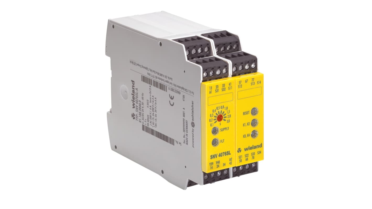 Relè di sicurezza Wieland R1.188.2040.0, 24V cc, 2 canali, 7 contatti, per monitoraggio porte e arresto di emergenza. Dimensioni: 114mm x 45mm x 96.5mm.