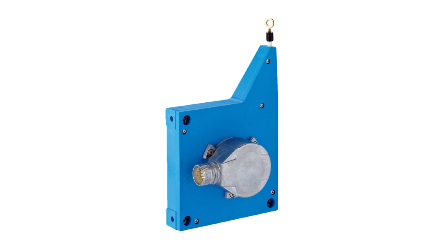 Encoder lineare Sick PFG13-P1AM05PP, risoluzione 0,023 mm, alimentazione 4,5-32 V, IP67, dimensioni 190x190x76,5 mm, montaggio a codificatore di tiraggio a filo.