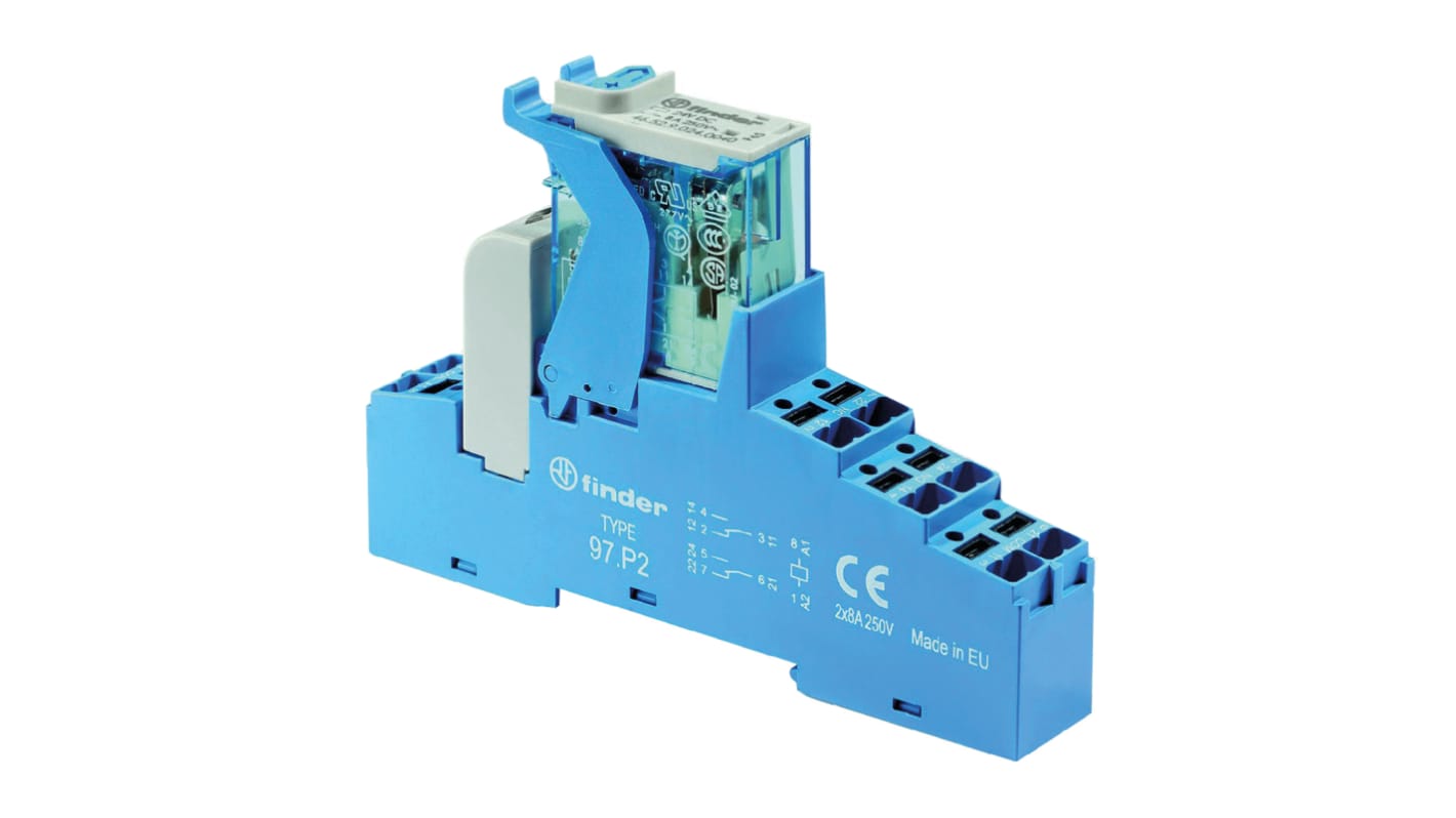 Finder Relè d'interfaccia 4C, bobina 230V, montaggio su guida DIN, contatti DPDT, dimensioni 15,8 x 66,8 x 95,5 mm.