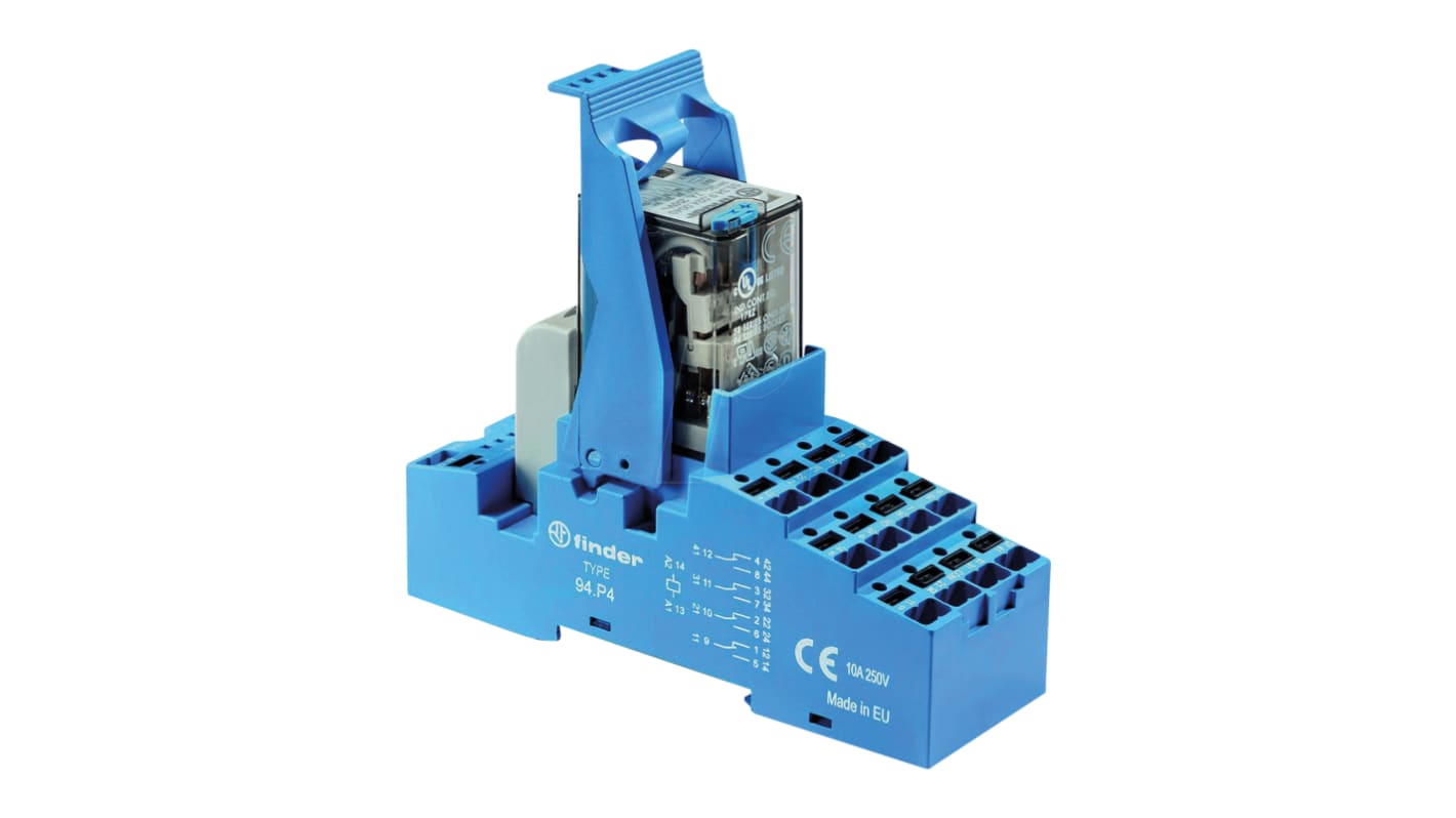 Finder 58.P4.8.110.0060SMA, relè d'interfaccia 4PDT per guida DIN, tensione bobina 110V, corrente 7A, dimensioni 31 x 86.3 x 95.5 mm.
