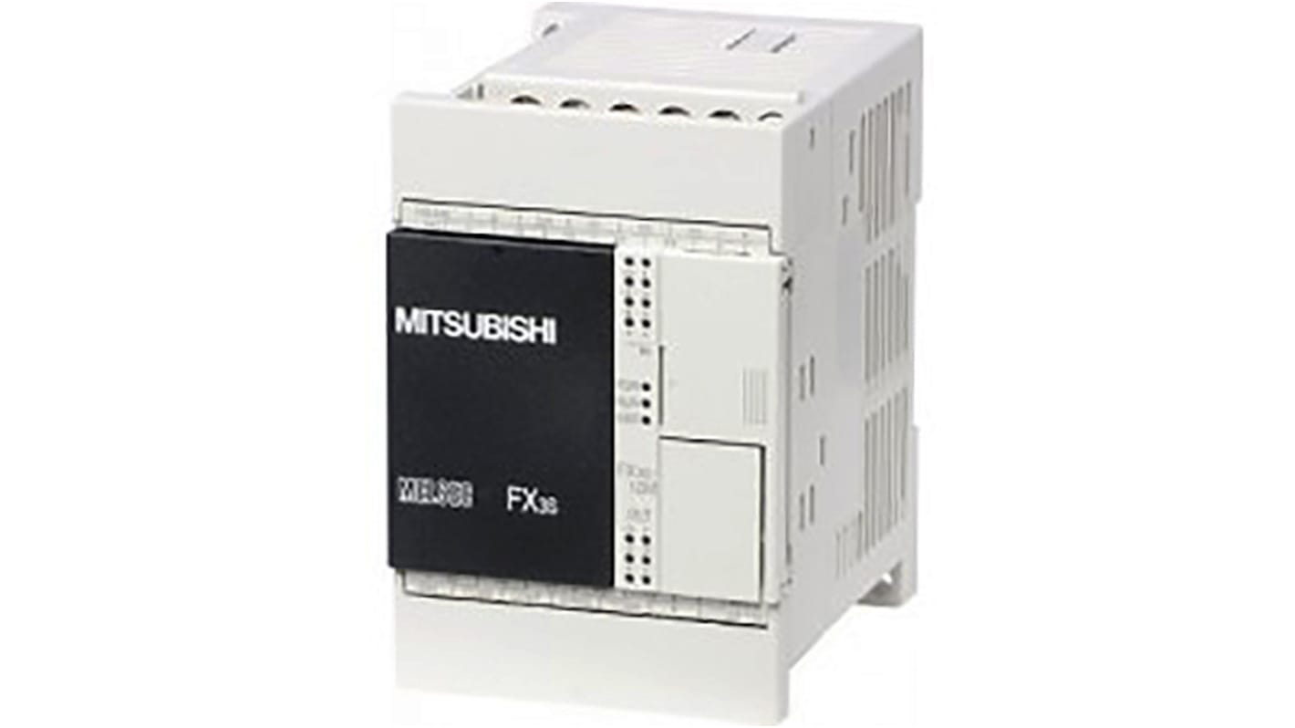 Controller PLC Mitsubishi Electric FX3S-10MR/DS, 6 ingressi digitali, 4 uscite relè, montaggio su guida DIN, dimensioni 60 x 90 x 49 mm.