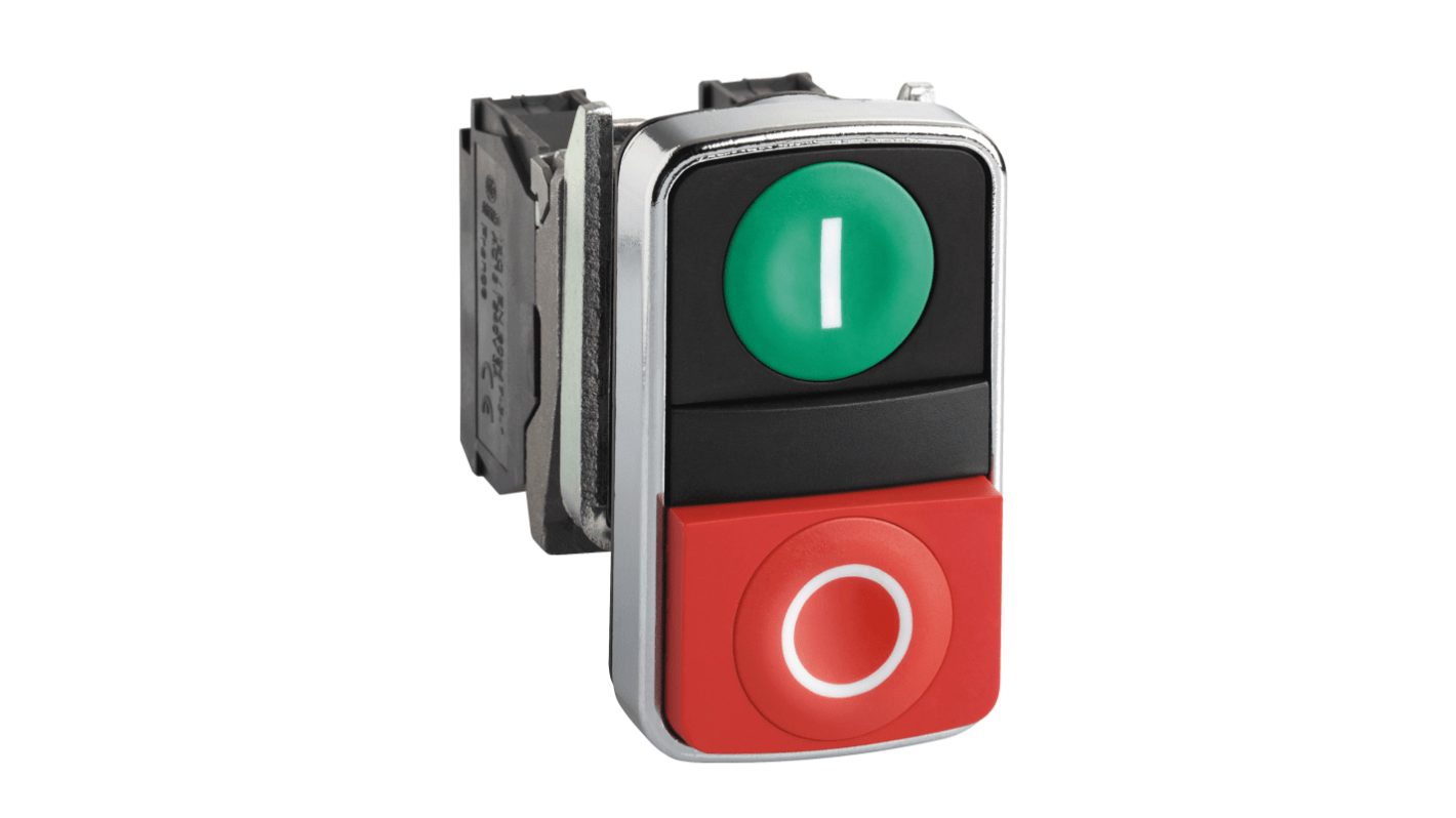 Pulsante SPDT Schneider Electric XB4BL73415, montaggio a pannello, diametro 22mm, verde e rosso, grado di protezione IP67/IP69K.
