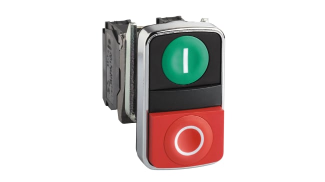 Pulsante SPDT Schneider Electric XB4BL73415, montaggio a pannello, diametro 22mm, verde e rosso, grado di protezione IP67/IP69K.
