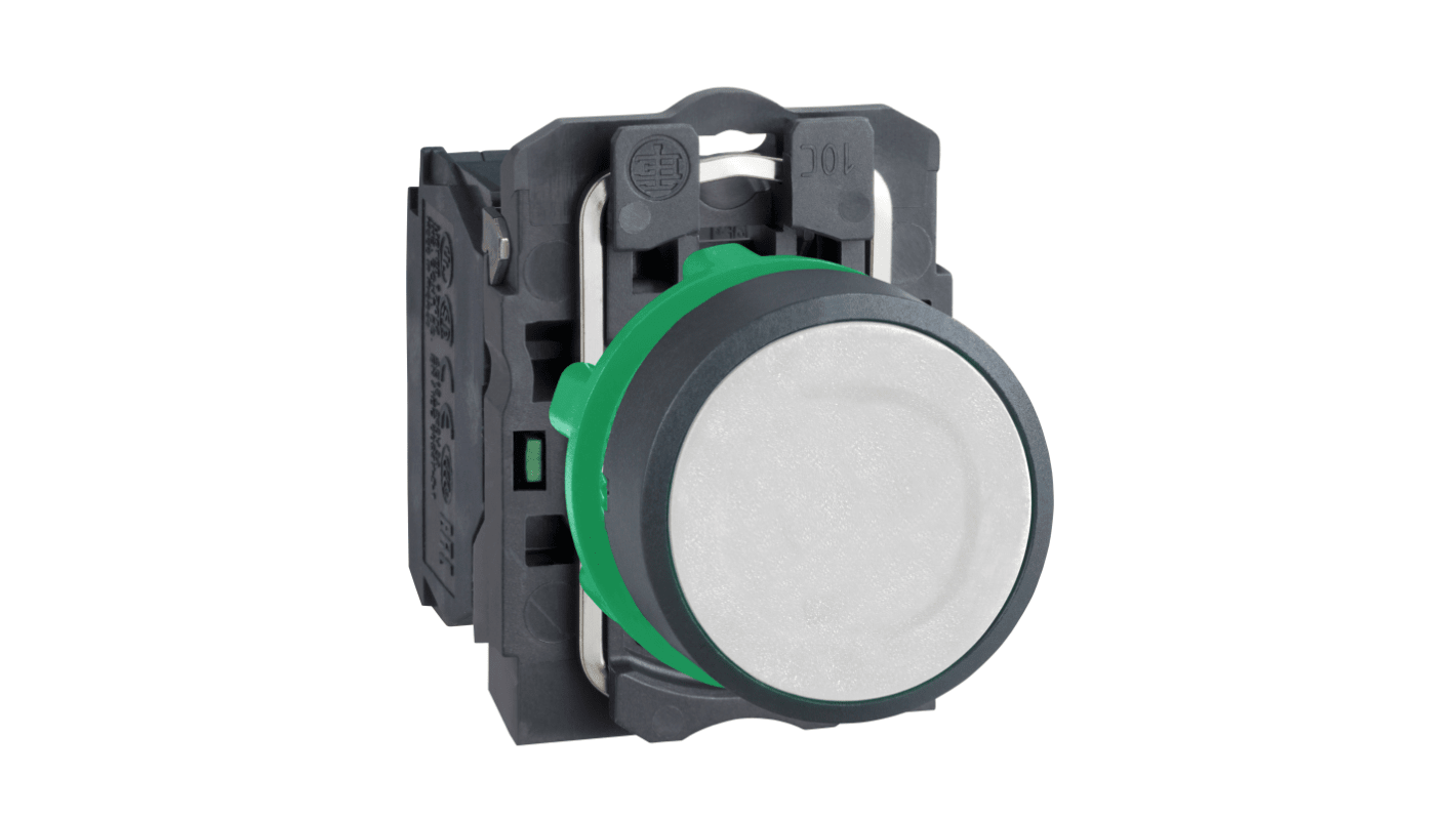 Pulsante SPST Schneider Electric XB5AA11, montaggio a pannello, diametro 22 mm, colore bianco, contatto a rottura lenta.