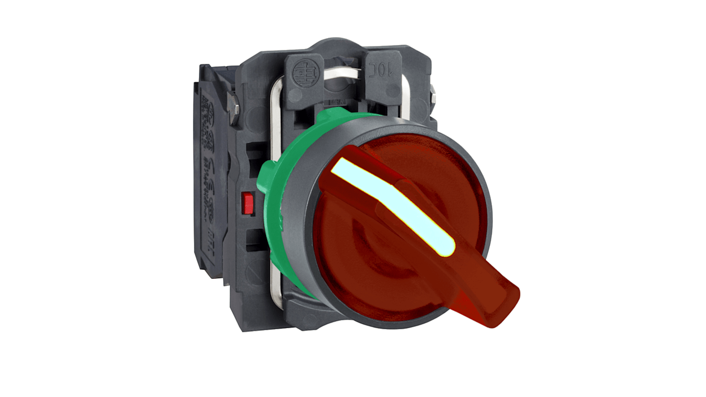 Selettore a 2 posizioni Schneider Electric XB5AK124B5, diametro foro 22mm, con contatti NA e NC, protezione IP67.