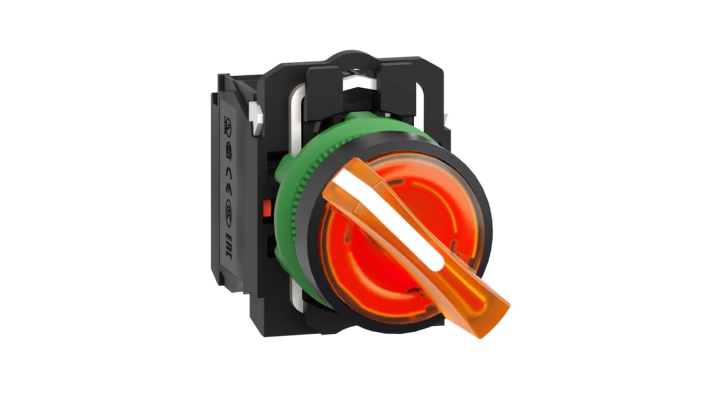 Selettore a 2 posizioni Schneider Electric XB5, diametro foro 22mm, con contatti NA e NC, protezione IP67.