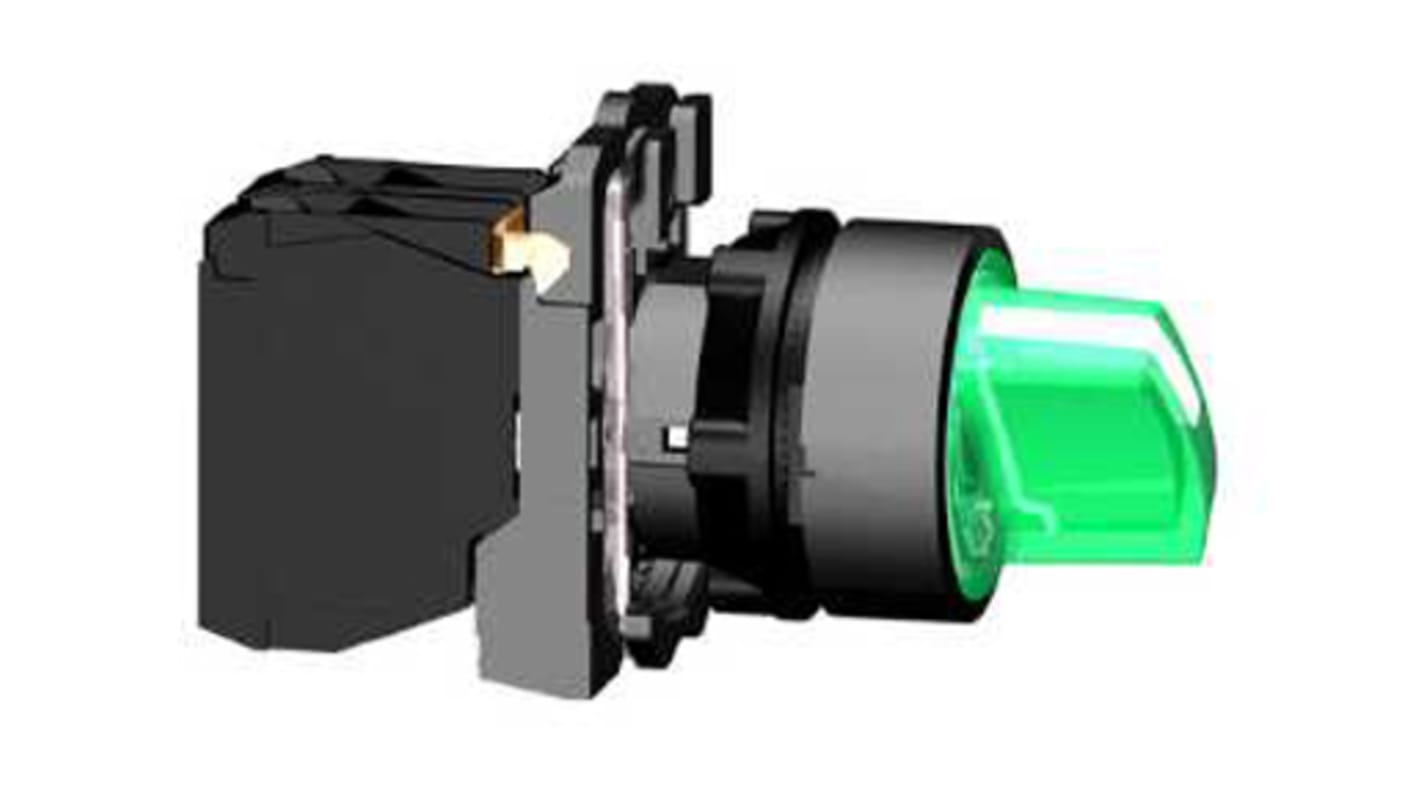 Selettore a 3 posizioni Schneider Electric XB5, diametro foro 22mm, con contatti NA e NC, protezione IP67.