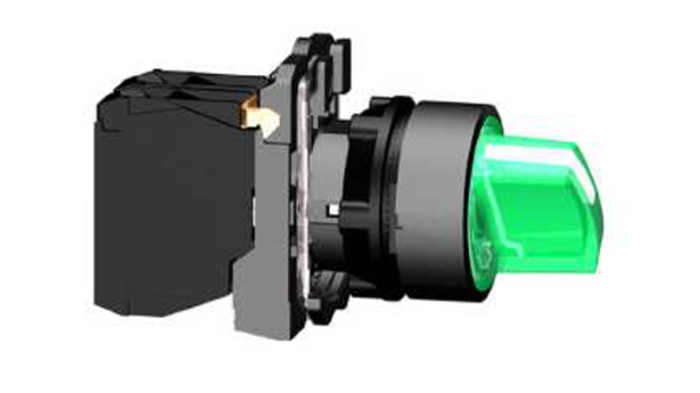 Selettore a 3 posizioni Schneider Electric XB5AK133M5, diametro foro 22mm, protezione IP67, corrente massima 6A.