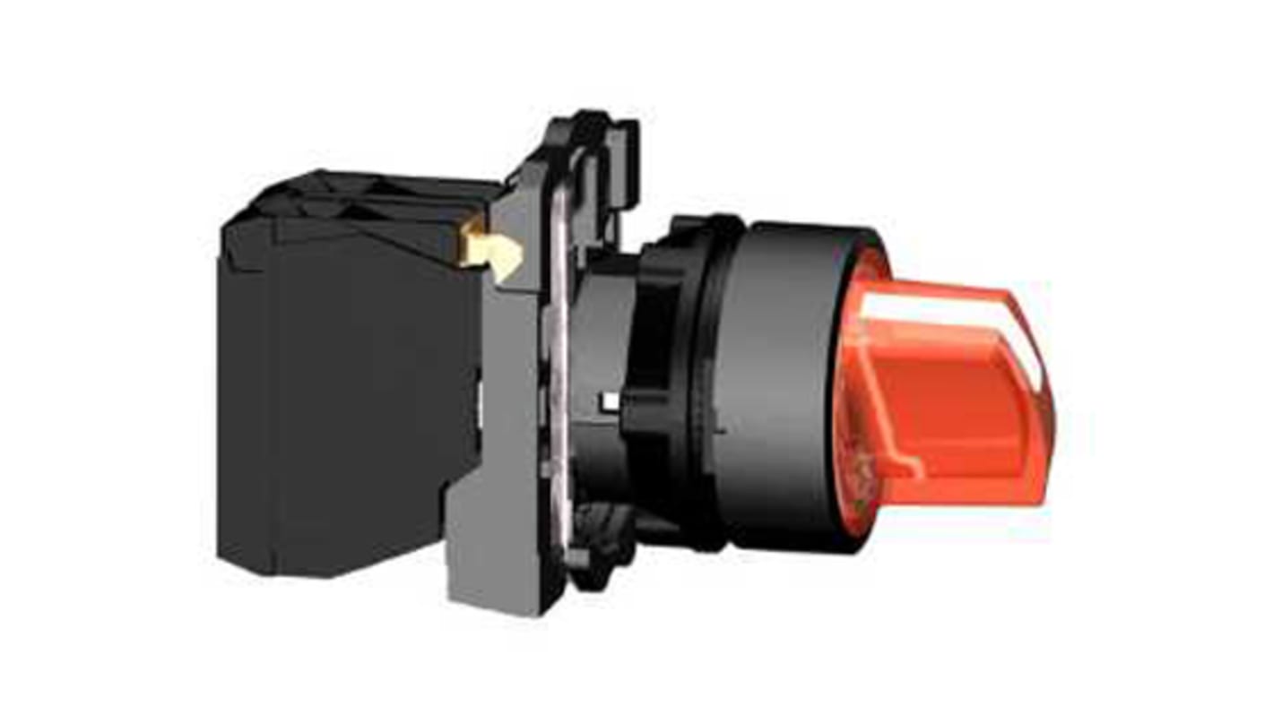 Selettore a 3 posizioni Schneider Electric XB5, diametro foro 22mm, IP67, attivazione stabile, 6A, 230-240V.