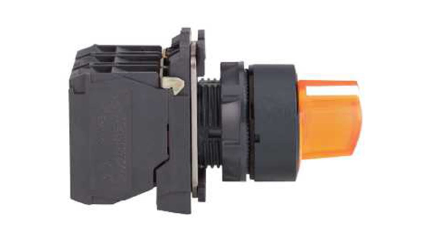 Selettore a 3 posizioni Schneider Electric XB5, diametro foro 22mm, con contatti NA e NC, grado di protezione IP67.