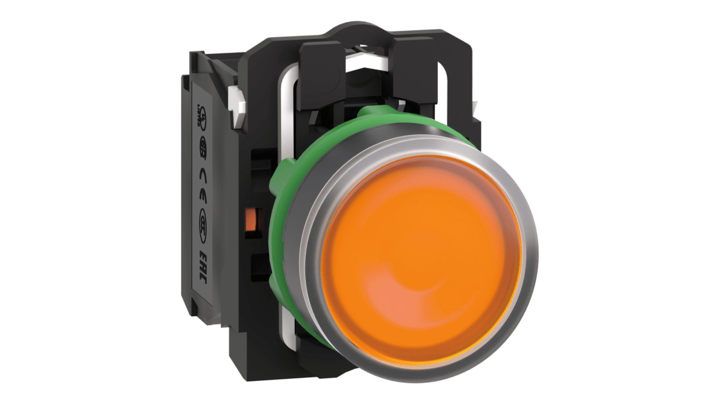 Pulsante SPDT luminoso Schneider Electric XB5AW35M5, montaggio a pannello, colore giallo, grado di protezione IP 66-69K.