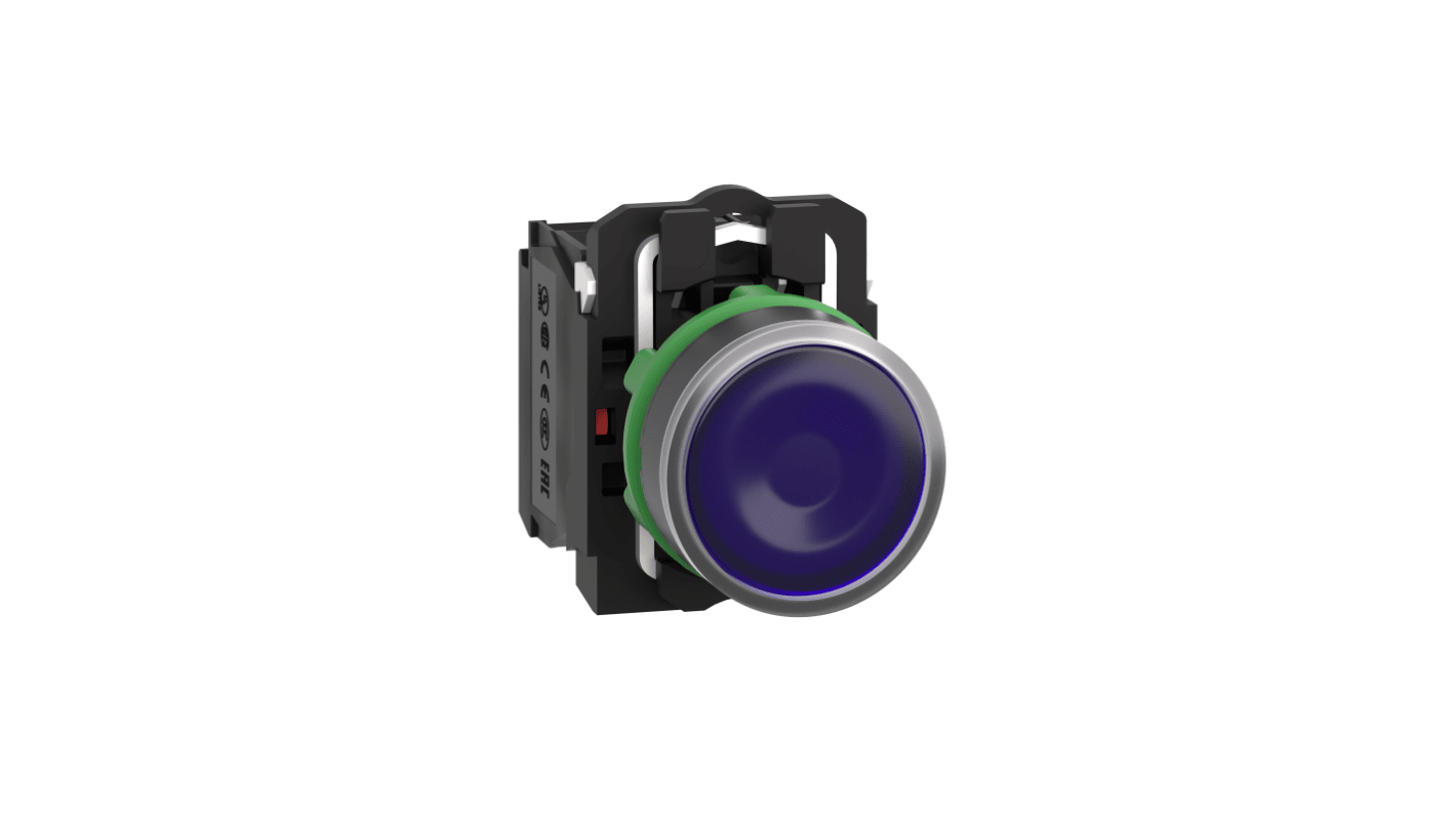 Pulsante luminoso SPDT blu per montaggio a pannello, Schneider Electric XB5AW36M5, diametro 22 mm, grado di protezione IP 66-69 K.