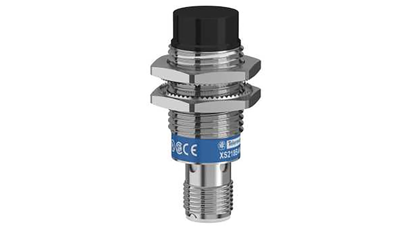 Sensore di prossimità cilindrico Telemecanique XS218B4NAM12, NPN, M18 x 1, rilevamento metalli 16mm, 12-24V DC. Ideale per applicazioni industriali.