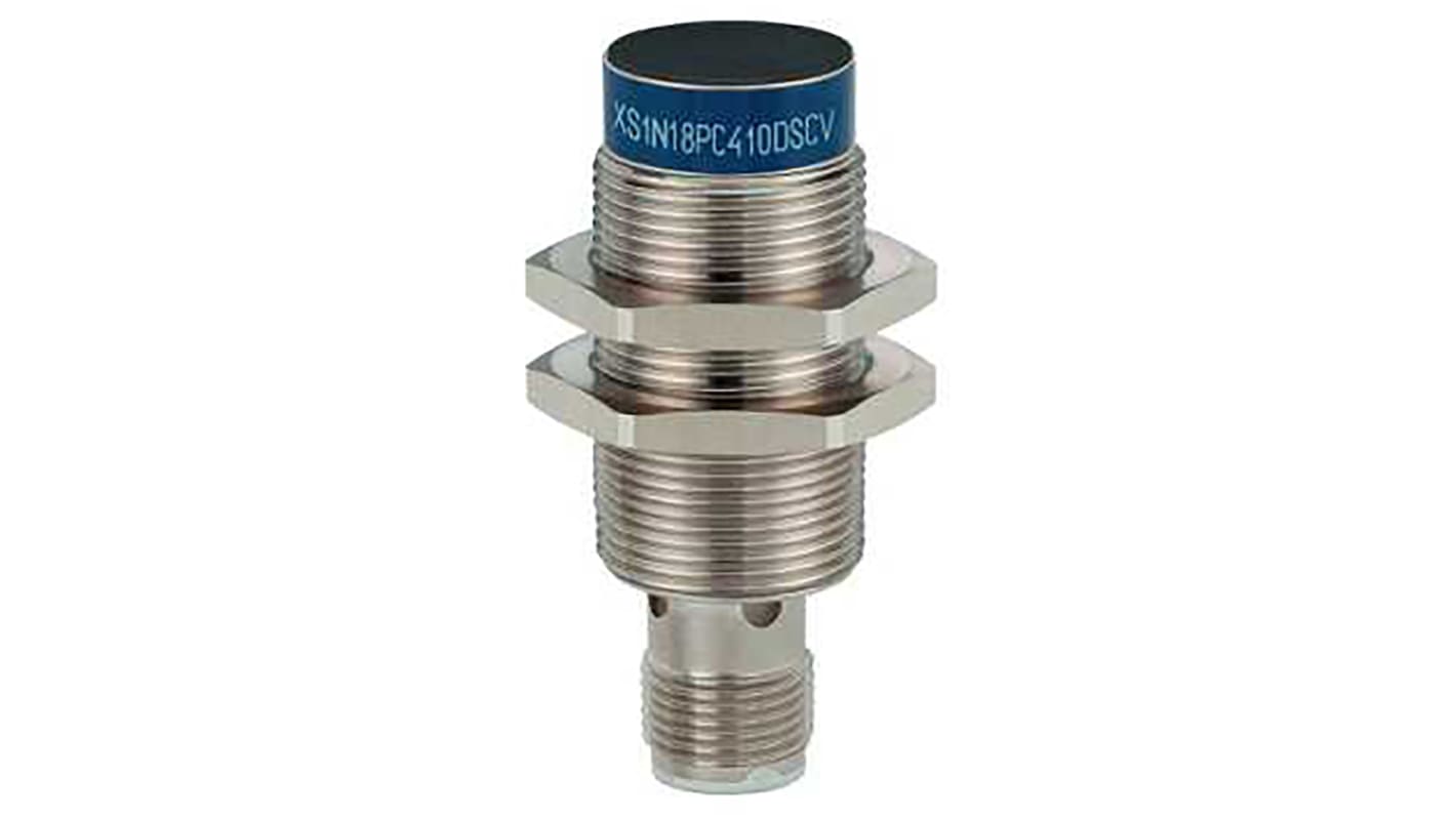 Sensore di prossimità cilindrico PNP M18 Telemecanique Sensors XS1N18PC410DSCV, rilevamento 5 mm, IP65/IP67/IP69K, alimentazione 12-24 V c.c.