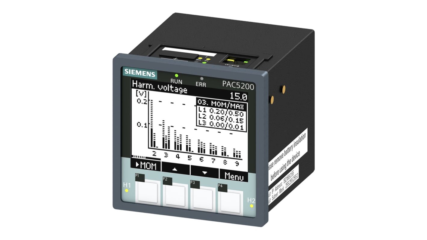 Contatore di energia Siemens 7KM5412-6BA00-1EA2, SENTRON PAC5200, montaggio a pannello, precisione ±0,2%, intervallo 831V, 10A.