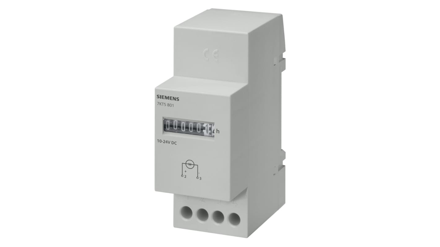 Contatore meccanico ore Siemens 7KT5801, display 7 cifre, montaggio su guida DIN, tensione 10-27 V c.c., grado di protezione IP20.