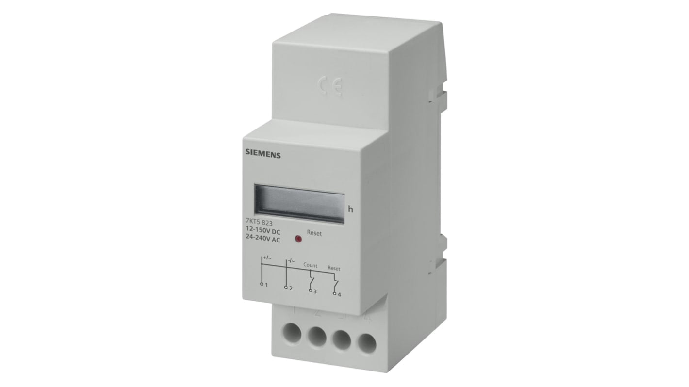 Contatore elettronico Siemens 7KT5833, montaggio su guida DIN, tensione 12-150 V c.c. e 24-240 V c.a., display meccanico 7 cifre.
