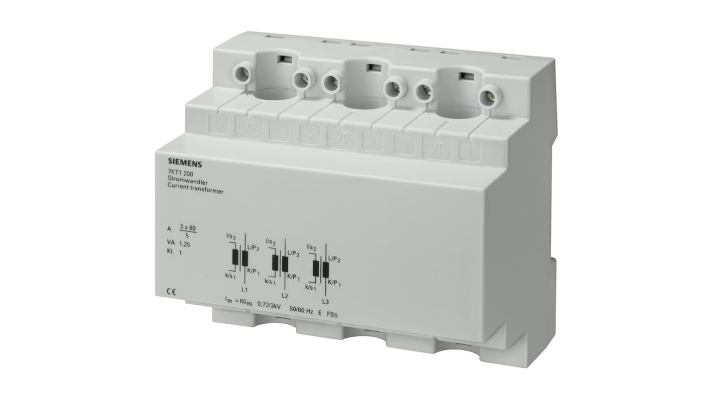 Trasformatore di corrente Siemens 7KT1202, 150A ingresso, 5A uscita, montaggio a pannello, dimensioni 105 x 71 x 90 mm.