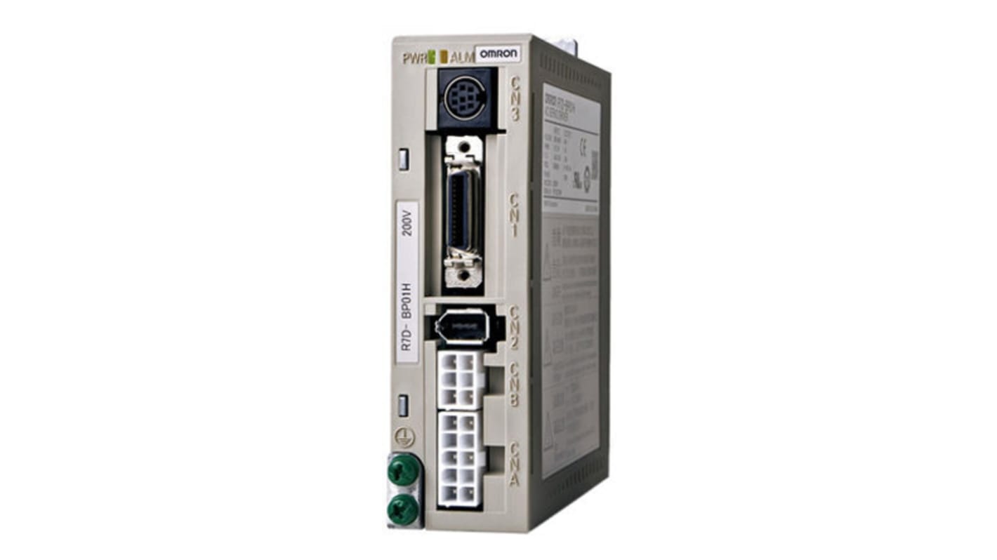 Servocomando Omron R7D-BP04H, 1 fase, 400 W, 200 V ca, compatto, con regolazione automatica e soppressione vibrazioni. Dimensioni: 40 mm x 110 mm x 140 mm.