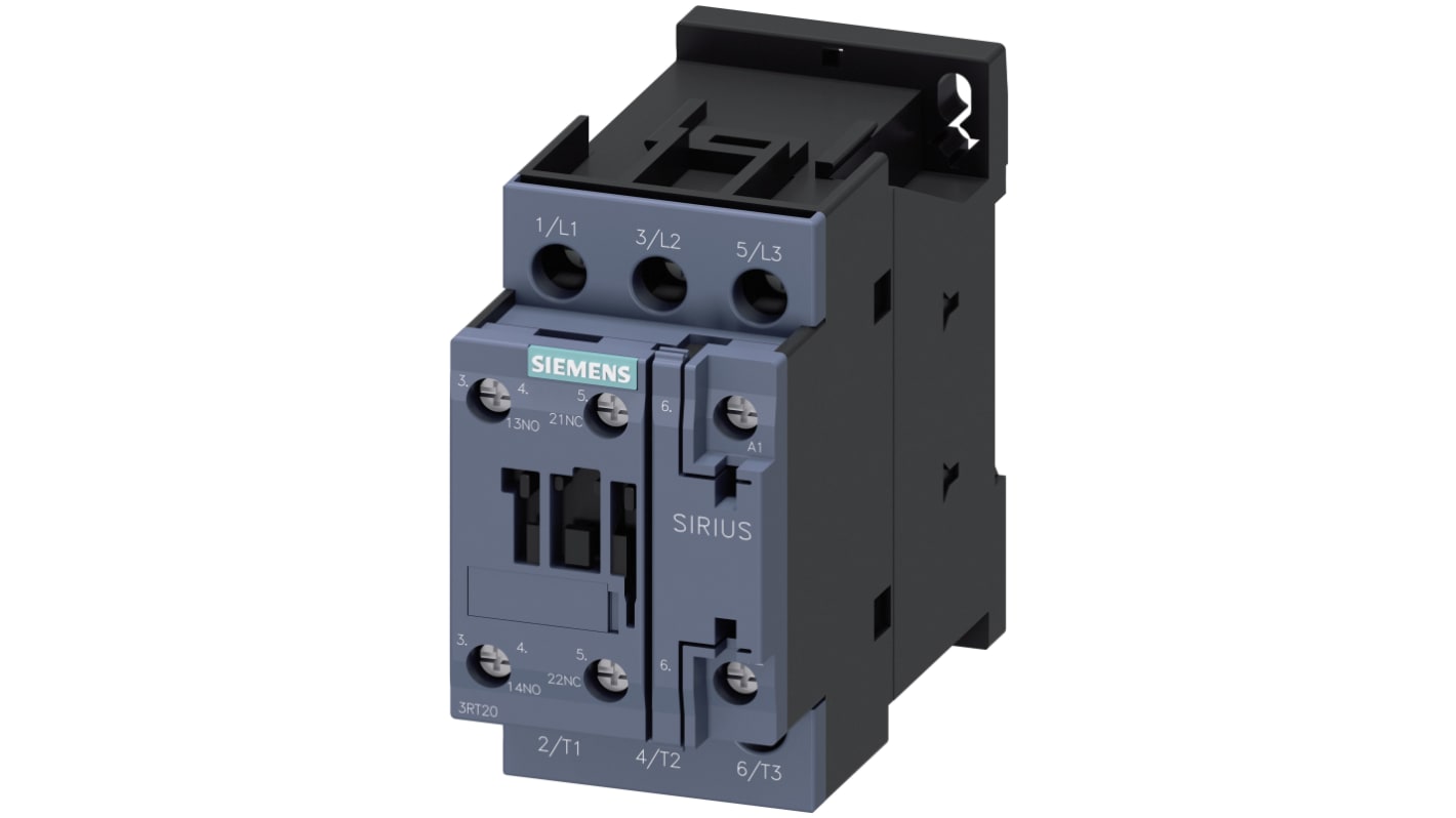 Contattore Siemens 3RT2026-1AN60, 3 poli, 25 A, 11 kW, tensione bobina 200-220 V ac, dimensioni 97x45x85 mm.