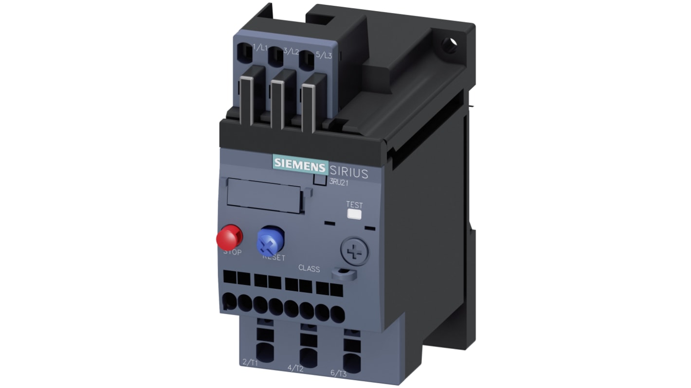Relè di sovraccarico Siemens 3RU2116-0DC1, 1 NO + 1 NC, montaggio su guida DIN, dimensioni 79,5 x 101,9 x 45 mm.
