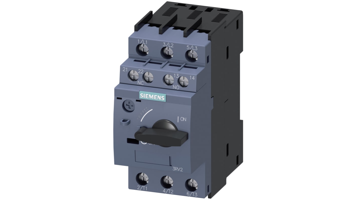 Interruttore automatico Siemens 3RV2011-0EA15 per motori, corrente nominale 0,28-0,4 A, montaggio a morsetto, dimensioni 45x96,9x97 mm.